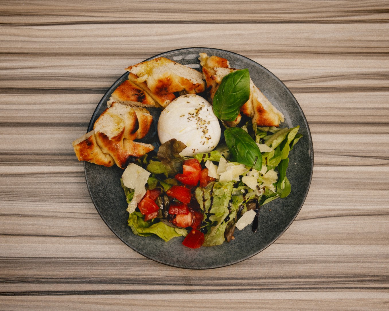 Burrata with grilled focaccia and salad
