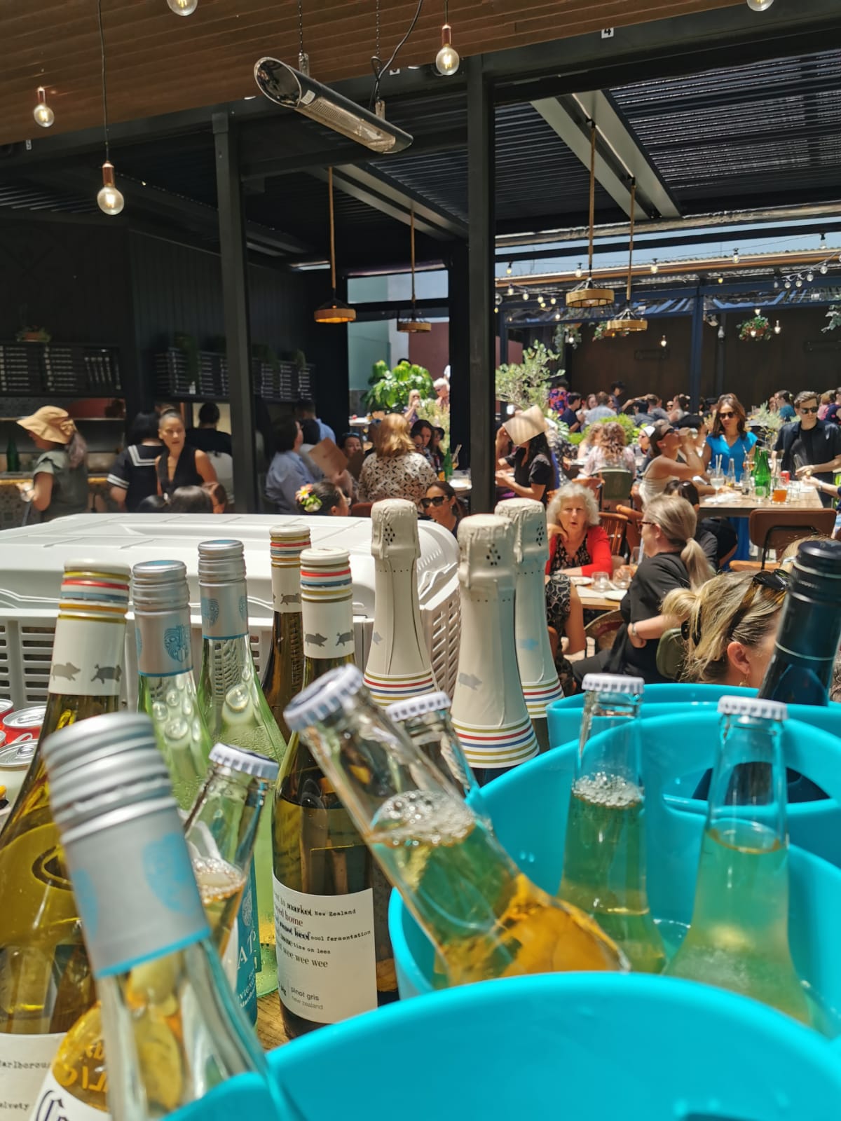 Wine and prosecco chilling in buckets at the garden bar
